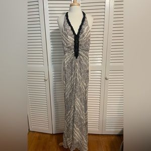 Beautiful halter style evening dress with sequin & eyelash lace details!